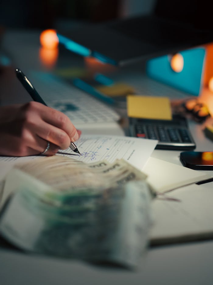 pexels photo 34862432 Close-up of hand writing on financial documents with a calculator, money, and dim office lighting.